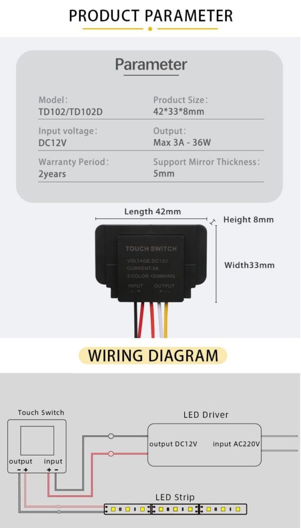 36W 3A One-Button  LED Smart Mirror Touch Dimmer Switch - Image 8